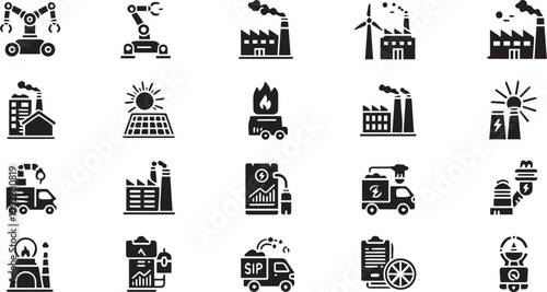 Industrial icons set factories trucks and pollution symbols
