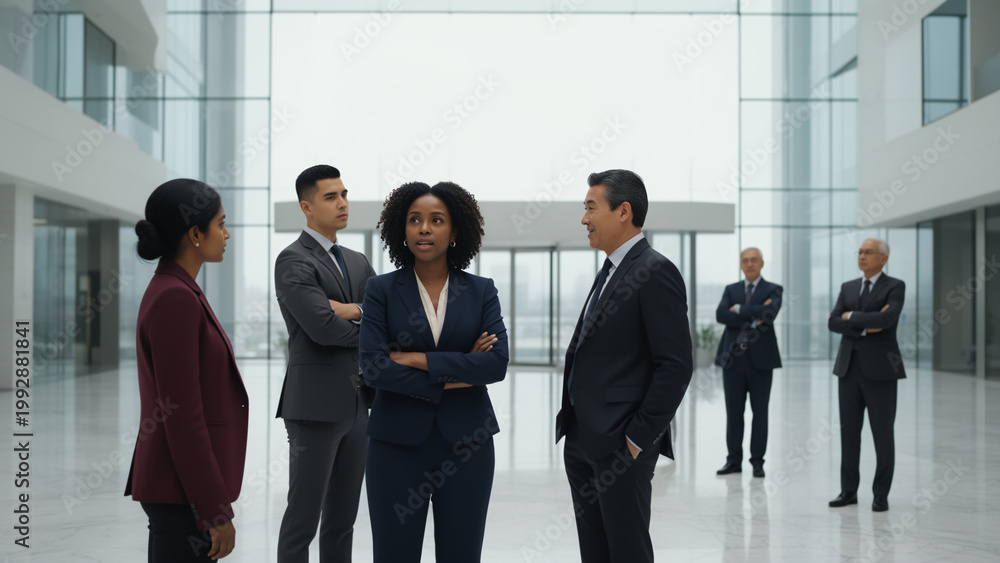 Fototapeta premium Confident Diverse Professionals Networking in Modern Office Environment, Corporate Culture and Teamwork