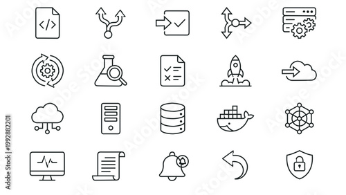 DevOps CI/CD Pipeline Line Icon Set for Software Development Automation and Deployment Workflow