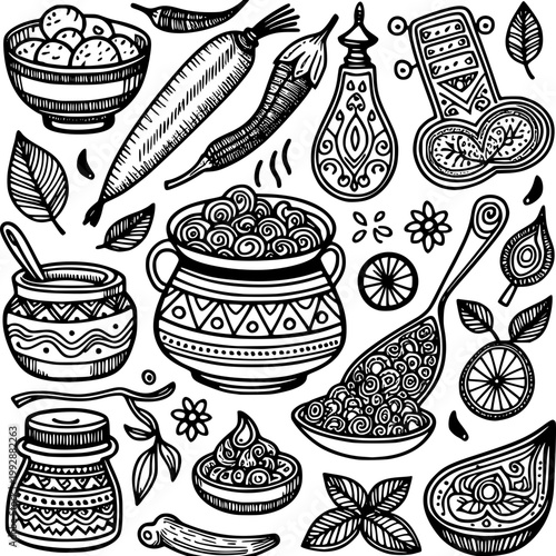 Culinary Collection: A detailed pen and ink illustration showcases a diverse assortment of culinary delights, from flavorful ingredients to prepared dishes, arranged in an appealing composition.