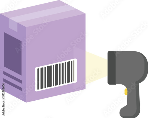 Vector illustration of a handheld barcode scanner reading a barcode on a purple cardboard package. It represents warehouse logistics, inventory management, retail point of sale, and shipping