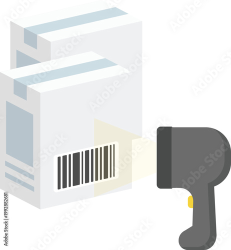 A flat style vector illustration of a handheld barcode scanner reading a barcode on a white cardboard box. It represents warehouse inventory management, logistics, shipping, and retail checkout