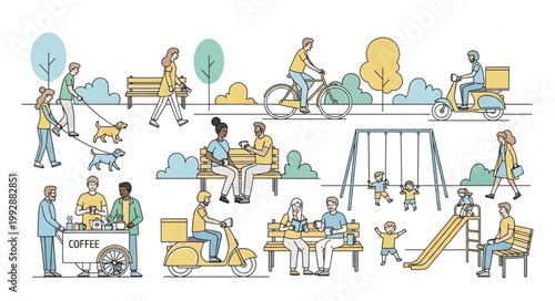 Diverse group of people enjoying outdoor park activities and recreation.