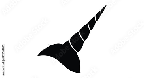 A striking black unicorn horn design sharply defined in a bold silhouette