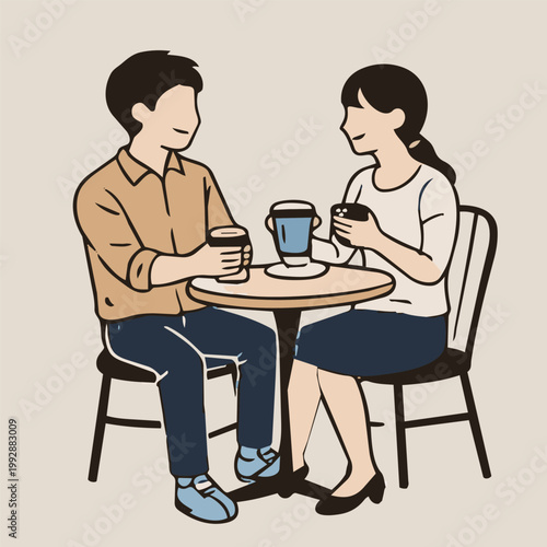 Couple talking over coffee at cafe table lifestyle hand drawn minimal illustration