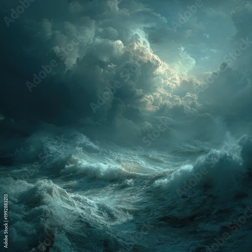 Dramatic ocean storm with towering clouds and massive waves