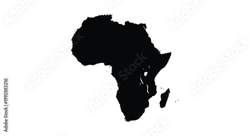 A stark black silhouette of the african continent against a white background