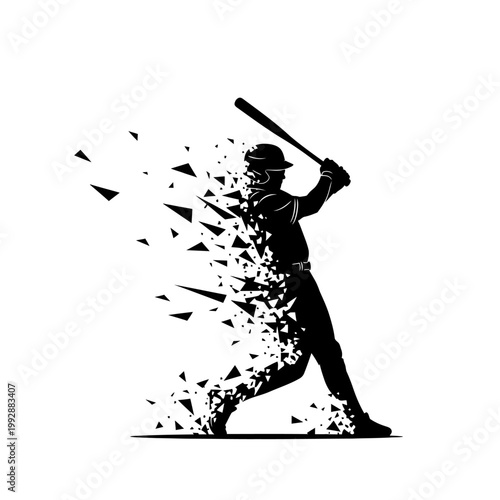 Baseball Player Silhouette Shattering into Geometric Particles During Swing