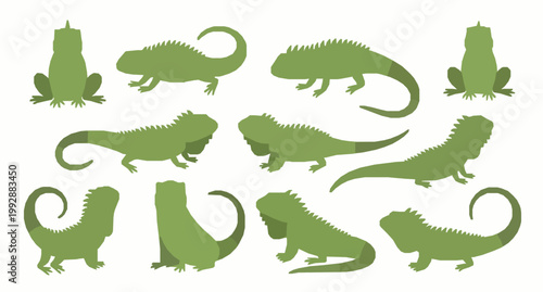 Cute green iguana cartoon vector set with multiple poses in flat minimal style isolated on white background