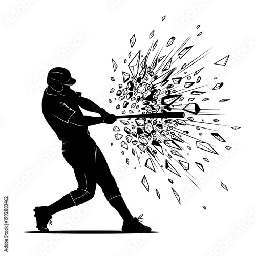 Baseball player silhouette shattering with explosive impact, dynamic action shot