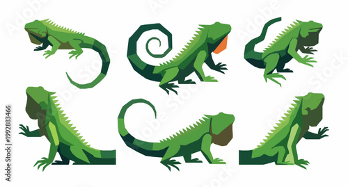 Modern geometric green iguana vector set with stylized reptile poses in bold minimal design isolated on white