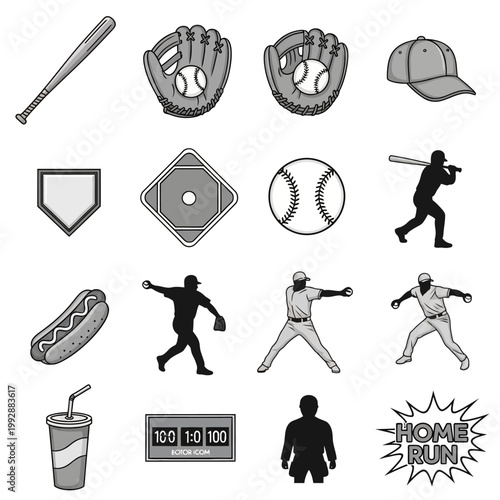 Baseball Icons Set: Bat, Glove, Ball, Cap, Bases, Players, Hot Dog, Drink, Scoreboard, Home Run