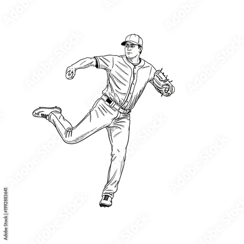 Baseball pitcher in action, mid-throw, dynamic pose, black and white sketch
