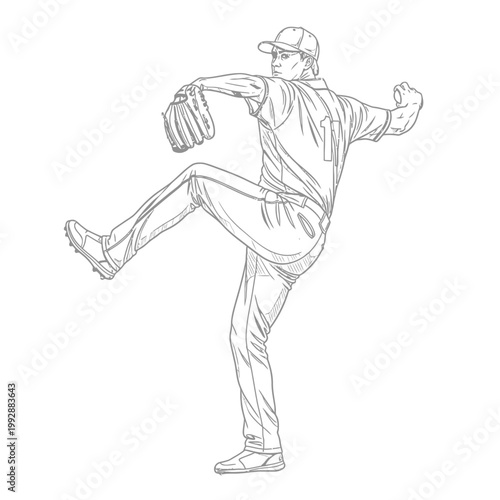 Baseball pitcher in action, mid-throw, dynamic pose, sports illustration, game play, athlete
