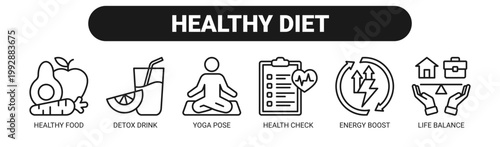 Healthy Diet web banner icon vector illustration concept with icons of healthy food, detox drink, yoga pose, health check, energy boost, and life balance. 