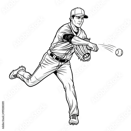 Baseball pitcher throwing a ball during a game, action shot, black and white illustration