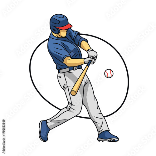 Baseball Player Swinging Bat at Ball, Action Shot, Sports Illustration