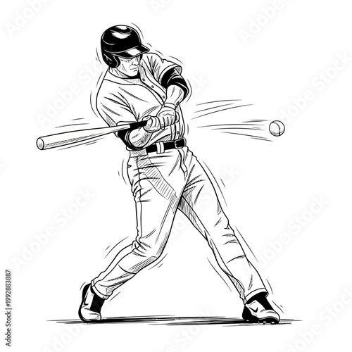 Baseball player swinging bat at ball, dynamic action shot, black and white illustration