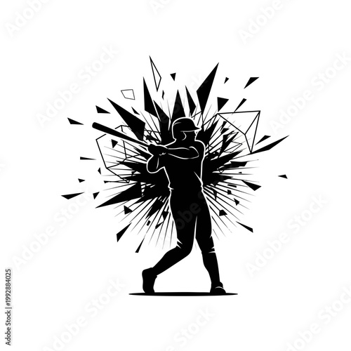 Baseball player hitting ball with explosive impact, silhouette art