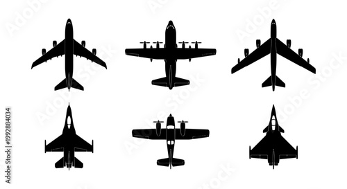 Airplane silhouette set, 6 aircraft vector icons, aviation transport symbols