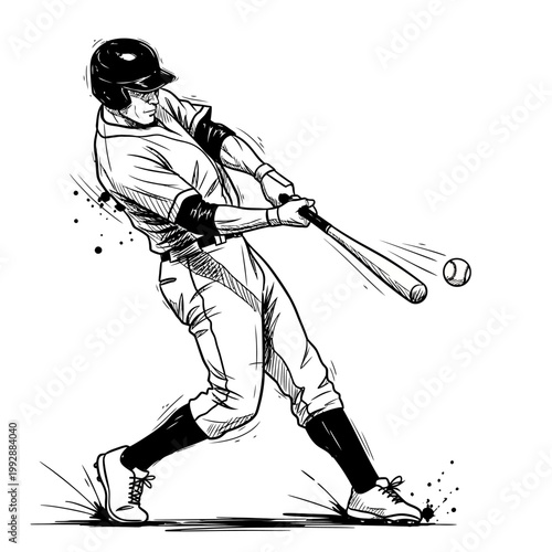 Baseball player swinging bat hitting ball, dynamic action sketch, sports illustration