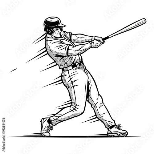 Baseball Player Swinging Bat in Dynamic Action - Black and White Illustration
