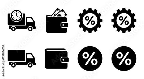 E-commerce shopping icons set, delivery truck and wallet, discount symbols