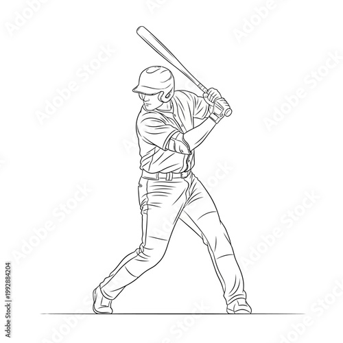 Baseball player swinging bat, action shot, dynamic pose, sports illustration, black and white