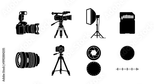 Photography equipment icons, camera gear silhouettes, 8 vector studio elements