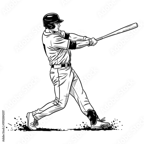 Baseball player swinging bat, action shot, dynamic pose, stadium background, sports illustration