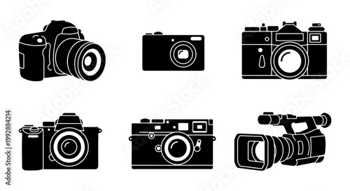 Black camera icons set, photography equipment silhouettes, 6 vector elements