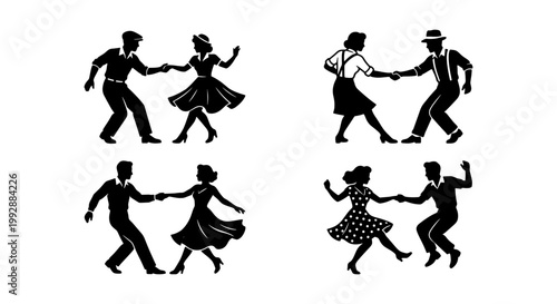 Vintage swing dance silhouettes, retro 1950s rockabilly dancers, vector set