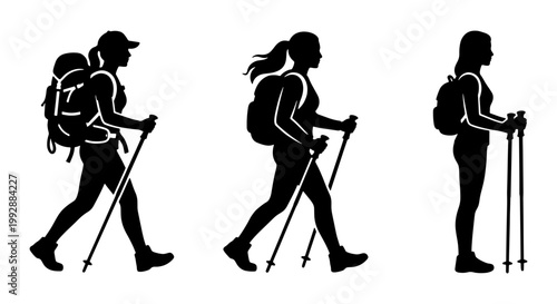 Hiking woman silhouette set, female hiker with backpack and trekking poles vector