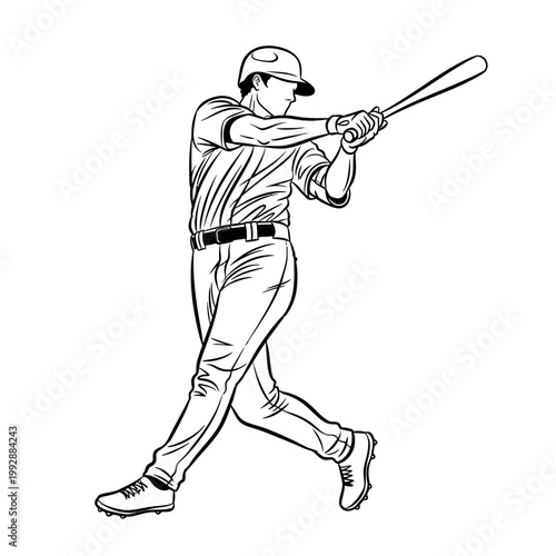 Baseball player swinging bat, action shot, sports illustration, black and white