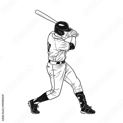 Baseball player swinging bat, action shot, sports illustration, black and white