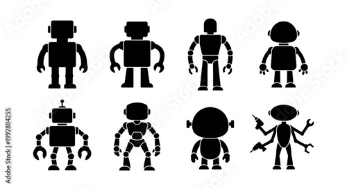 Robot silhouette collection, 8 futuristic android icons, black cyborg vector set