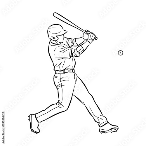 Baseball player swinging bat at ball, action shot, sports illustration, black and white