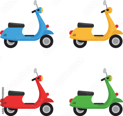 Colorful scooter set, retro motorbike vector illustration for urban transport design