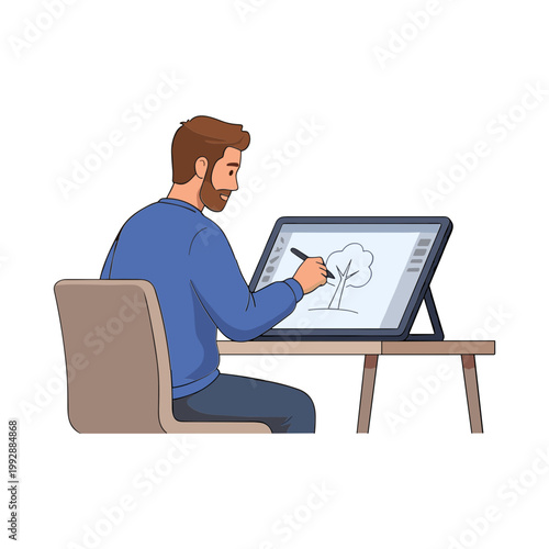 Man sitting at desk drawing tree on graphic tablet with stylus