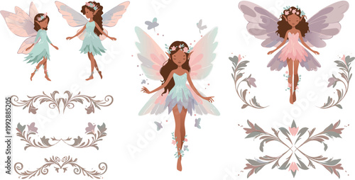 Whimsical fairy illustrations with floral elements and delicate designs