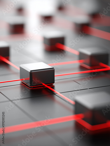 Connected black cubes with glowing red lines representing blockchain network, data transfer and cybersecurity technology.