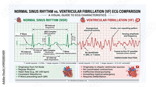Tableau sur toile Normal Sinus Rhythm vs Ventricular Fibrillation  - Visual Guide to ECG Character