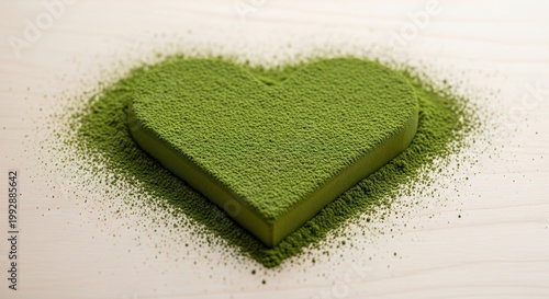 Raised heart shape formed from finely textured vibrant green matcha powder on a smooth surface, minimalist flat lay composition, symbolic representation of love, wellness, and natural energy