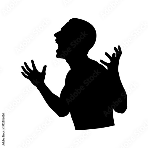 Silhouette of a man screaming in anger, frustration, or pain with hands raised