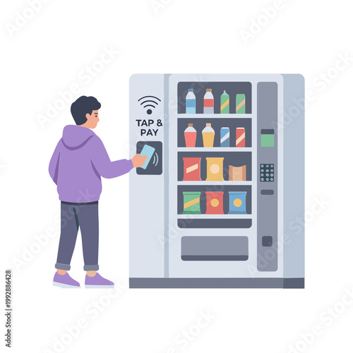 Man using tap and pay on a vending machine in a public place