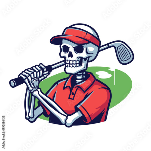 Skeleton Golfer Holding Club on Green Golf Course with Flag
