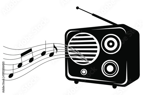 Vintage Radio Playing Music Notes Silhouette Vector Black Shape, Retro Audio Device, Sound Broadcasting Icon, Musical Entertainment Illustration Collection