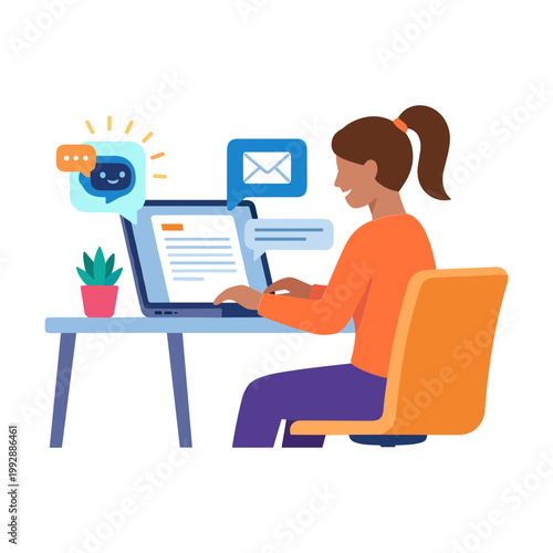 Woman sits at desk working on laptop with chat bubbles nearby indoors