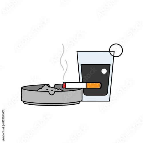 Smoking cigarette in ashtray next to drink with ice and garnish, unhealthy lifestyle concept