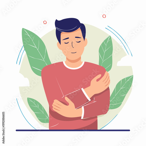 Man hugging himself with eyes closed, symbolizing self-care and peace